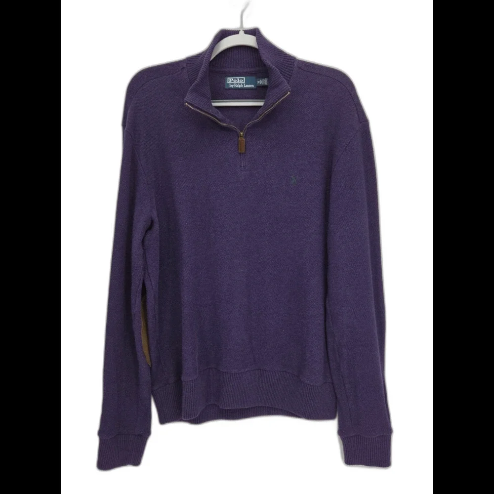 Polo Ralph Lauren Mens Medium Purple 1/4 Zip Sweater Suede Elbow Patches Pony